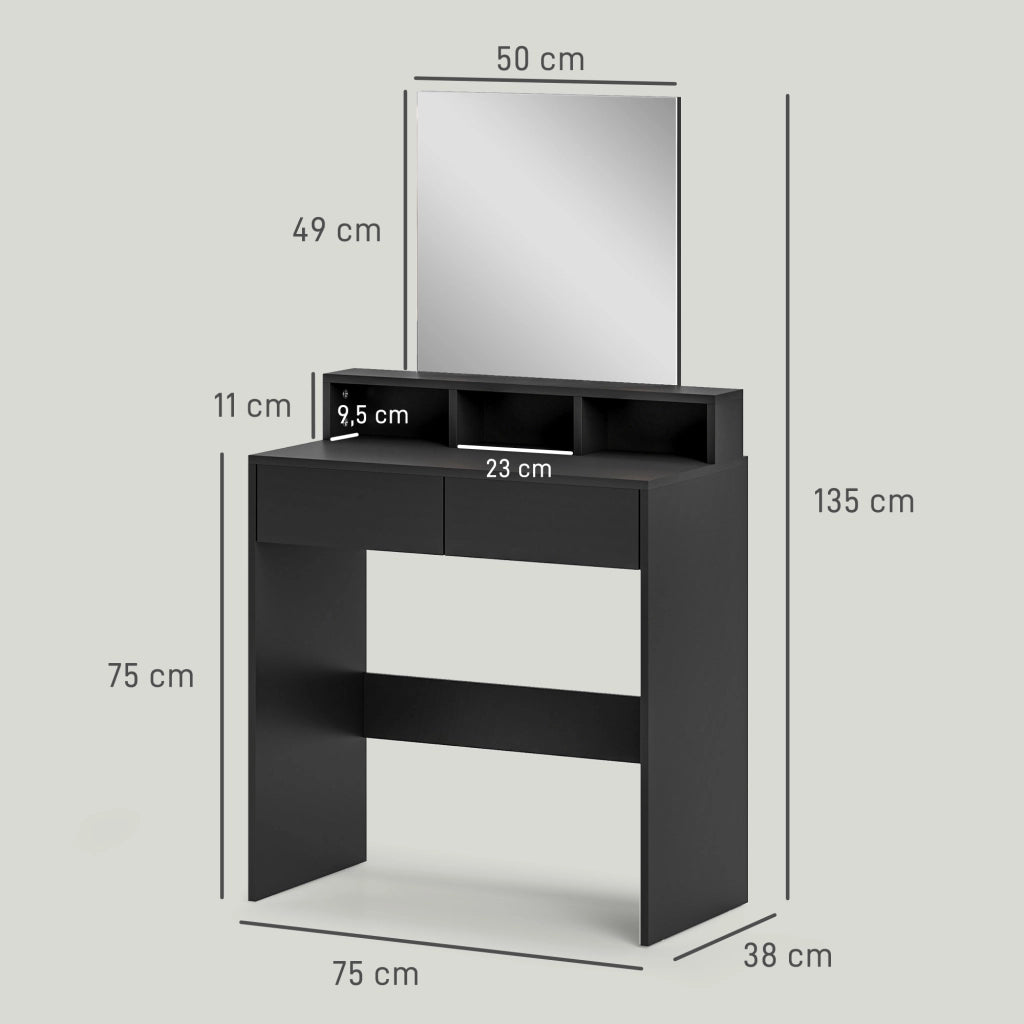 Cassettiera con specchio 2 cassetti 3 compartimenti ¨C zephmum ¨C 38x75x135 cm nero