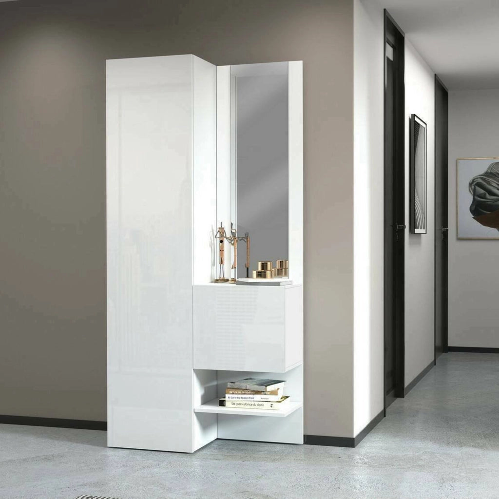 Mobile da ingresso Bauladu, Armadietto multifunzione a 2 ante, Mobile multiuso con specchio, 90x35h190 cm, Bianco