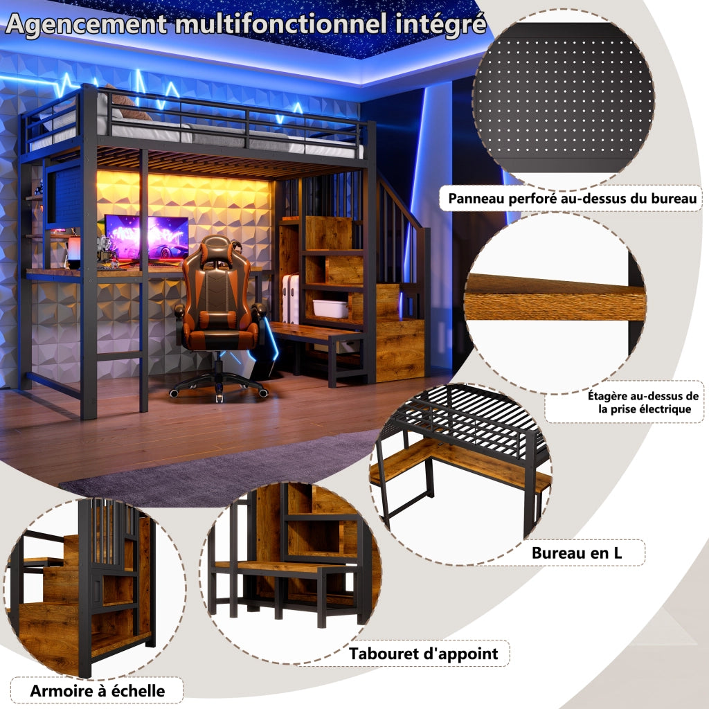 Letto a soppalco in metallo 90x200 cm, letto alto matrimoniale con scrivania, pannello forato, scala contenitore, prese USB/USB-C, ripiani e illuminazione LED, nero