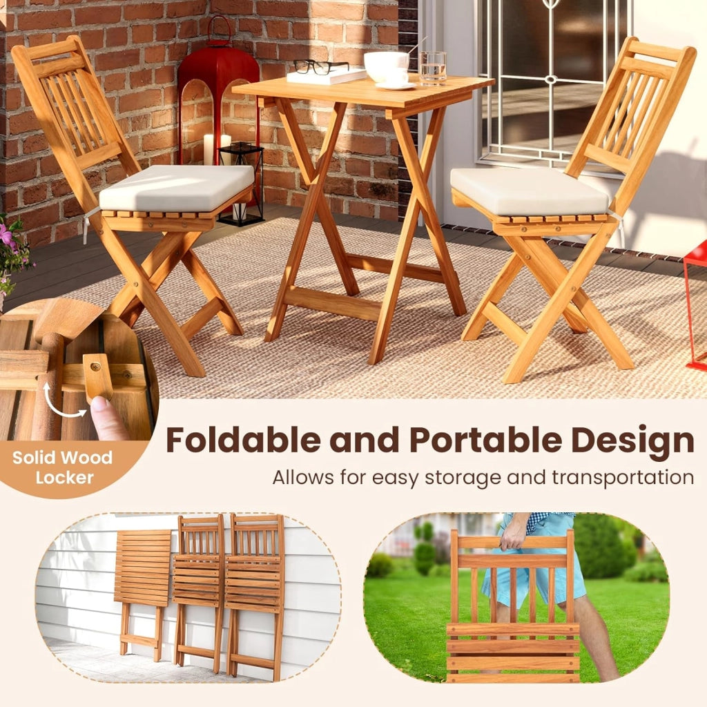 Mobili da balcone piccolo balcone, tavolo da bistrot con 2 sedie, set di mobili da giardino in legno pieghevole, set da balcone per esterni, per 2 persone, set da giardino con cuscino