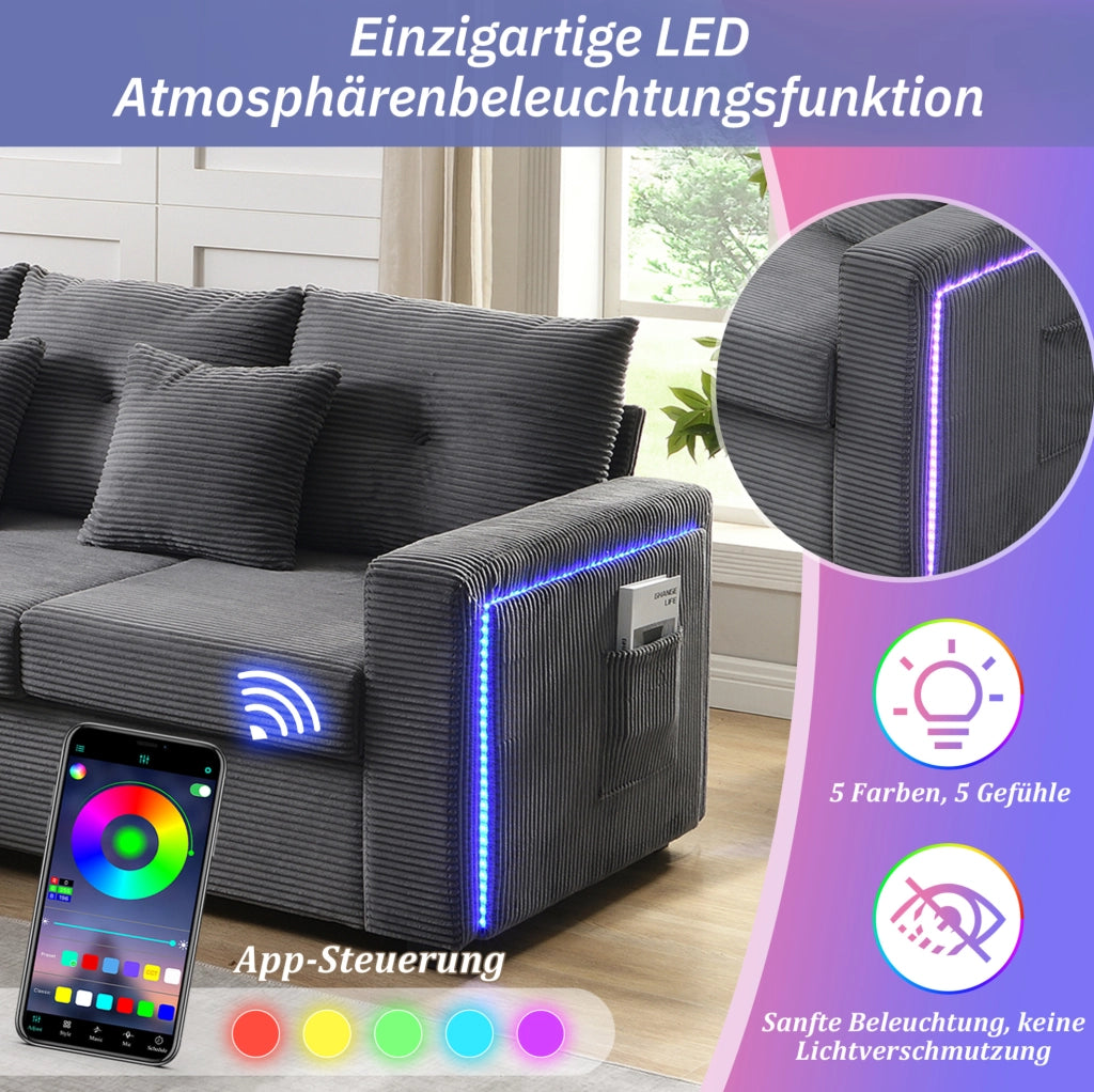 Divano modulare a L in velluto a coste con LED e pouf