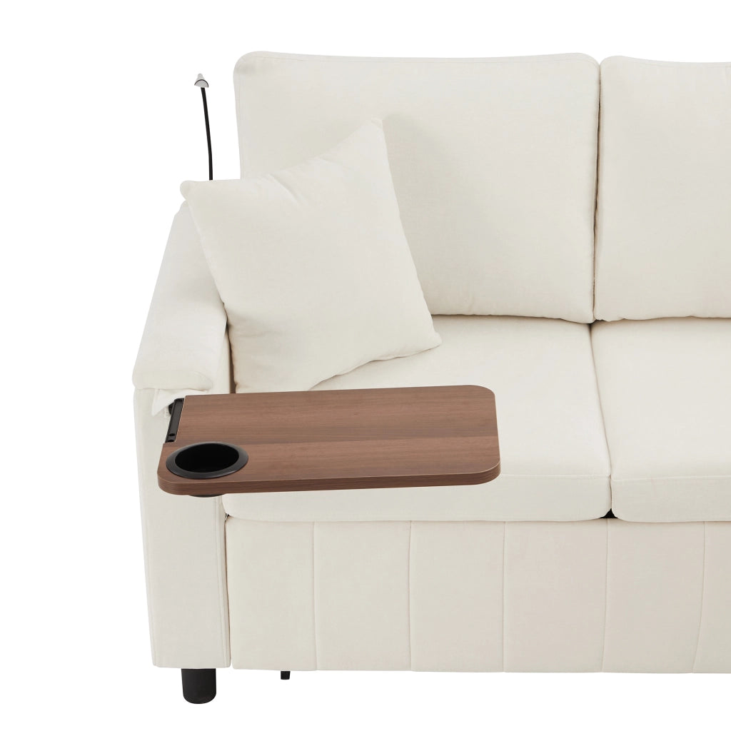 Divano angolare convertibile con funzione letto, tavolino ribaltabile, lampada, USB e Type-C, in Chenille, Beige