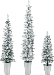 Set di 3 Alberi di Natale Artificiali da 90 CM + 120 CM + 150 CM, Alberi di Natale Slim Innevati con 120 + 140 + 160 Punte di Rami e Barili di Metallo Riempiti di Cemento