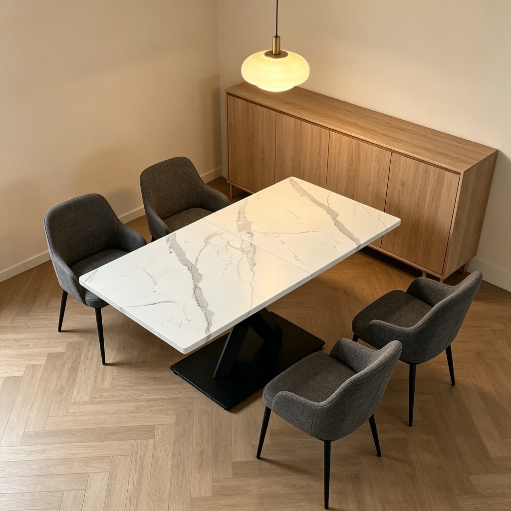 Tavolo da pranzo - rettangolare moderno - base nera a X - MDF bianco marmo - per 6-8 persone