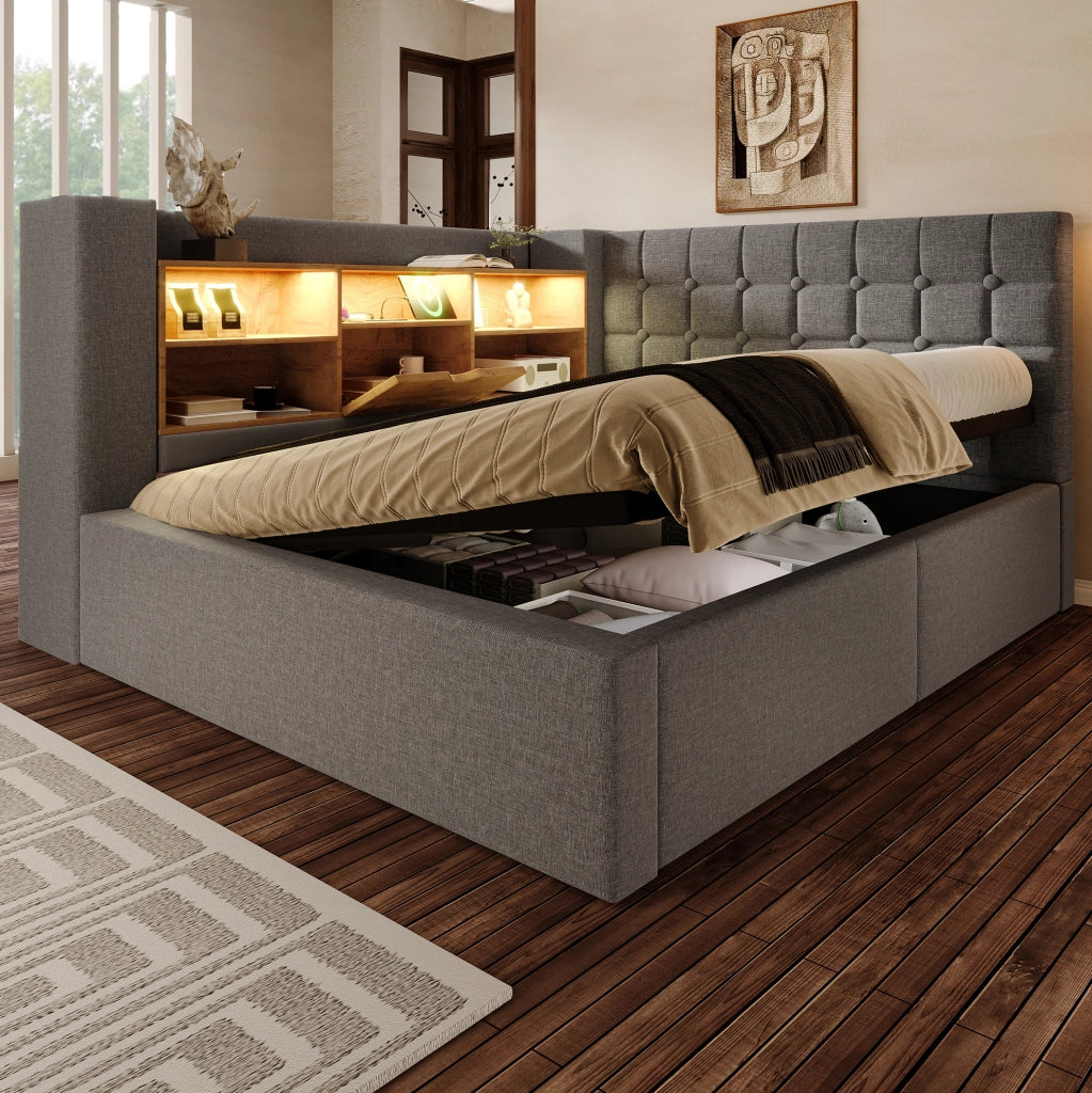 Letto matrimoniale 140x200 cm in lino grigio con LED; USB e contenitore idraulico