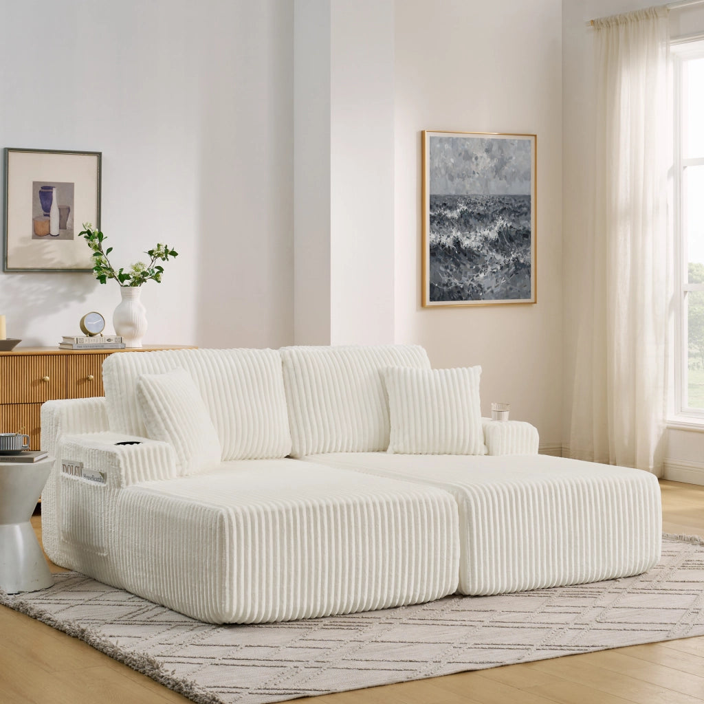 Divano letto 2 posti con tasca laterale e portabicchieri in tessuto a coste, Beige