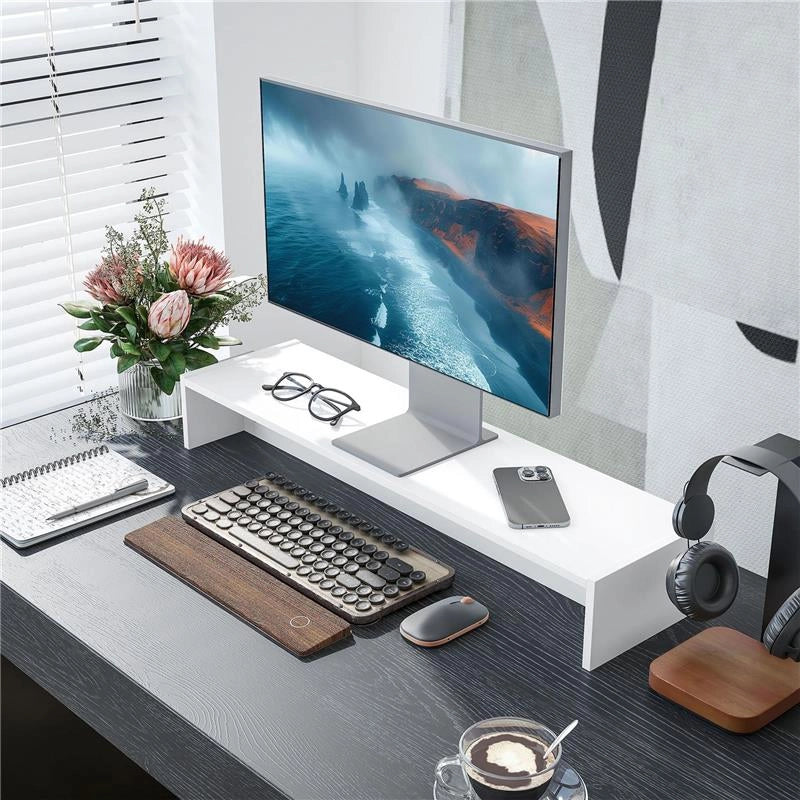 SUPPORTO PER MONITOR CON 2 VANI CONTENITORE IN LEGNO 100X27X15 CM BIANCO