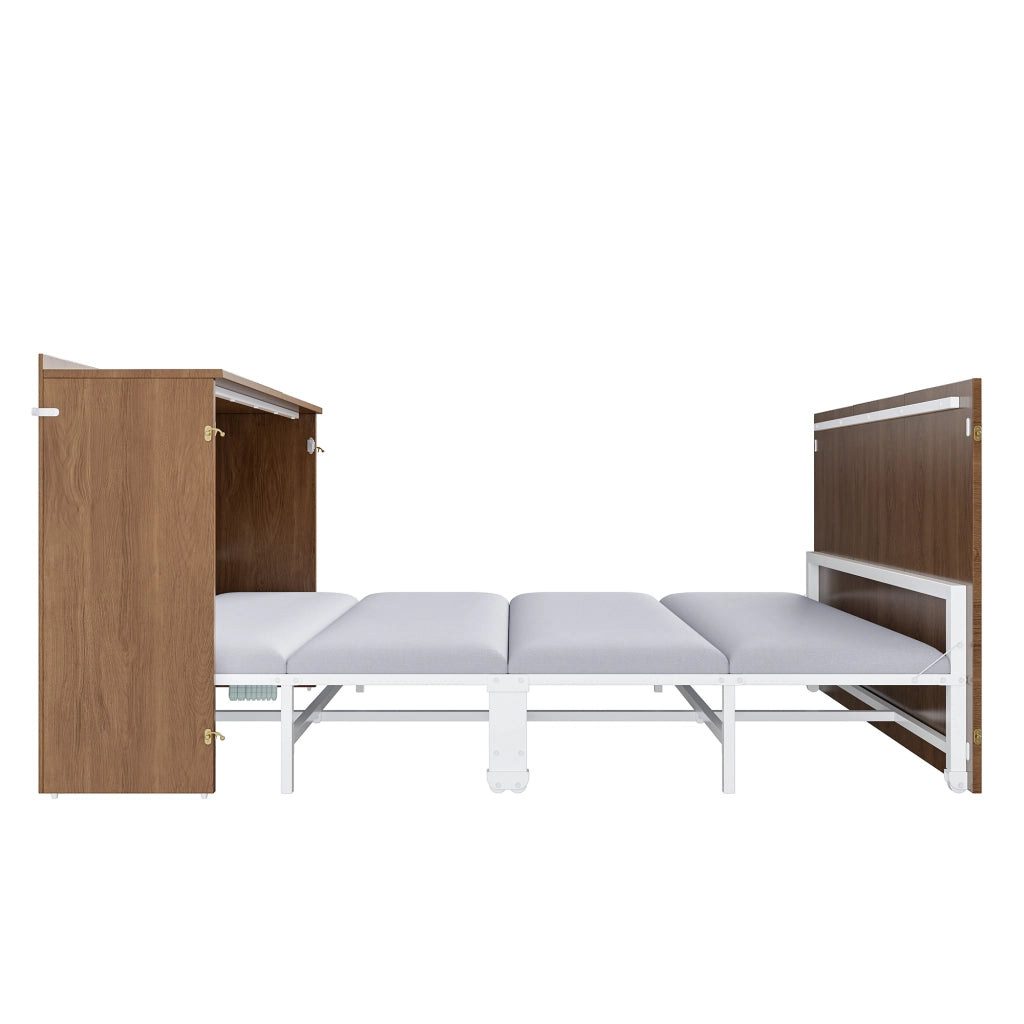 Letto a scomparsa 140 × 200 cm con materasso in lino, struttura in metallo e ruote silenziose, colore legno