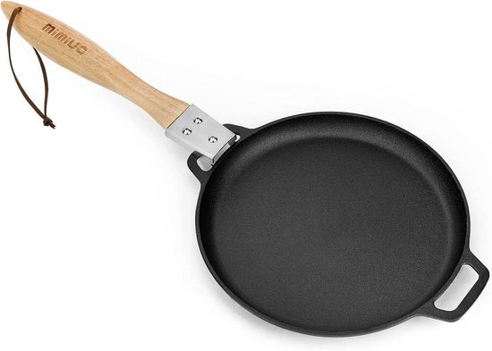 Piastra in ghisa Ø30cm - Per la preparazione di deliziosi piatti - Manico in legno - Pre-seasonato