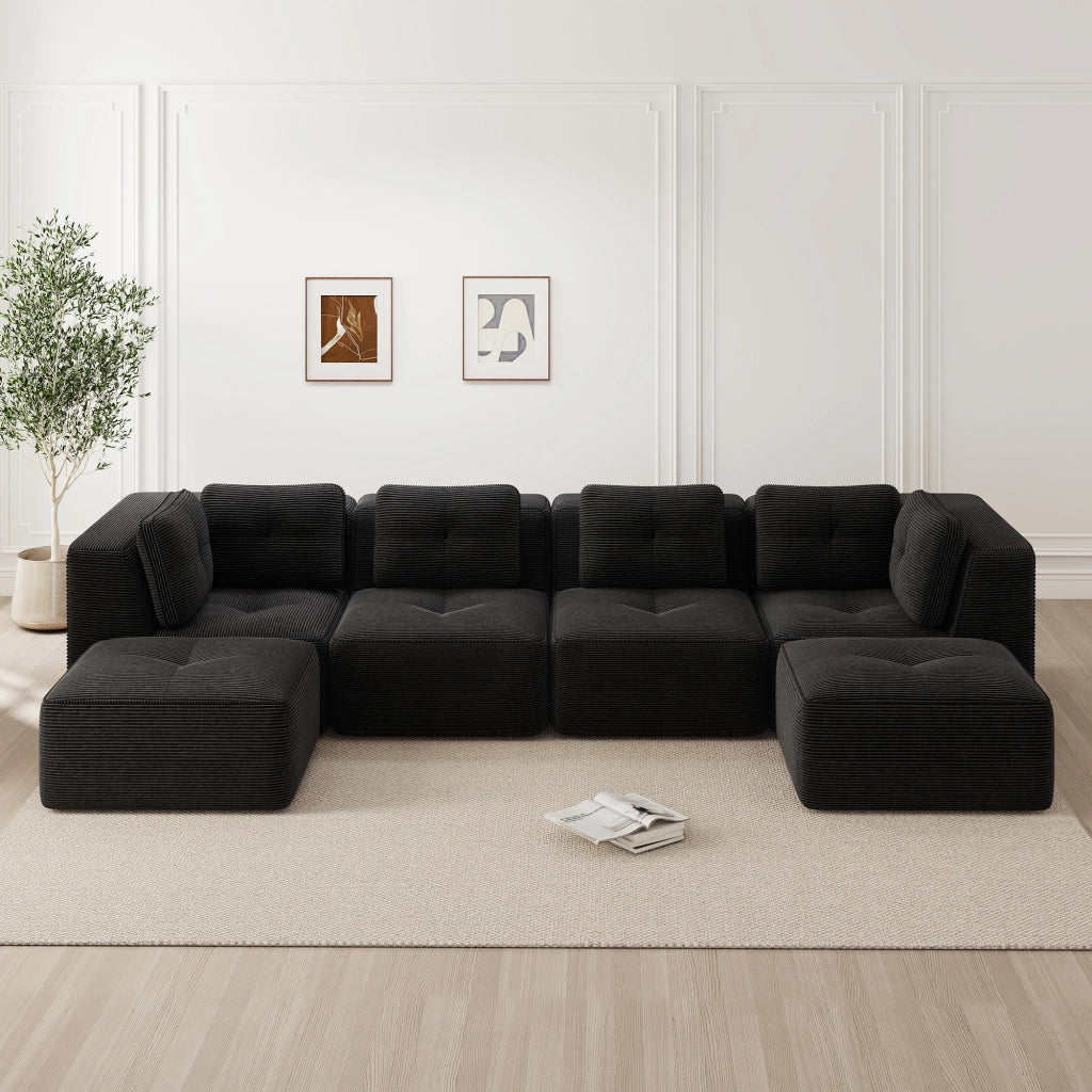 Divano angolare modulare senza montaggio con design antiscivolo braccioli larghi e seduta profonda in velluto a coste nero