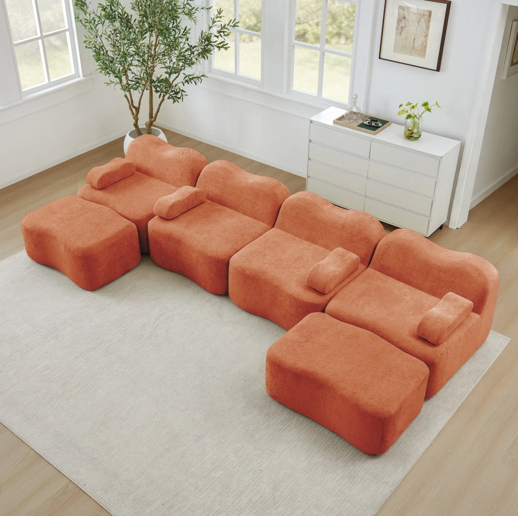 Divano modulare angolare in velluto arancione 384x167x70 cm; configurazione U o L