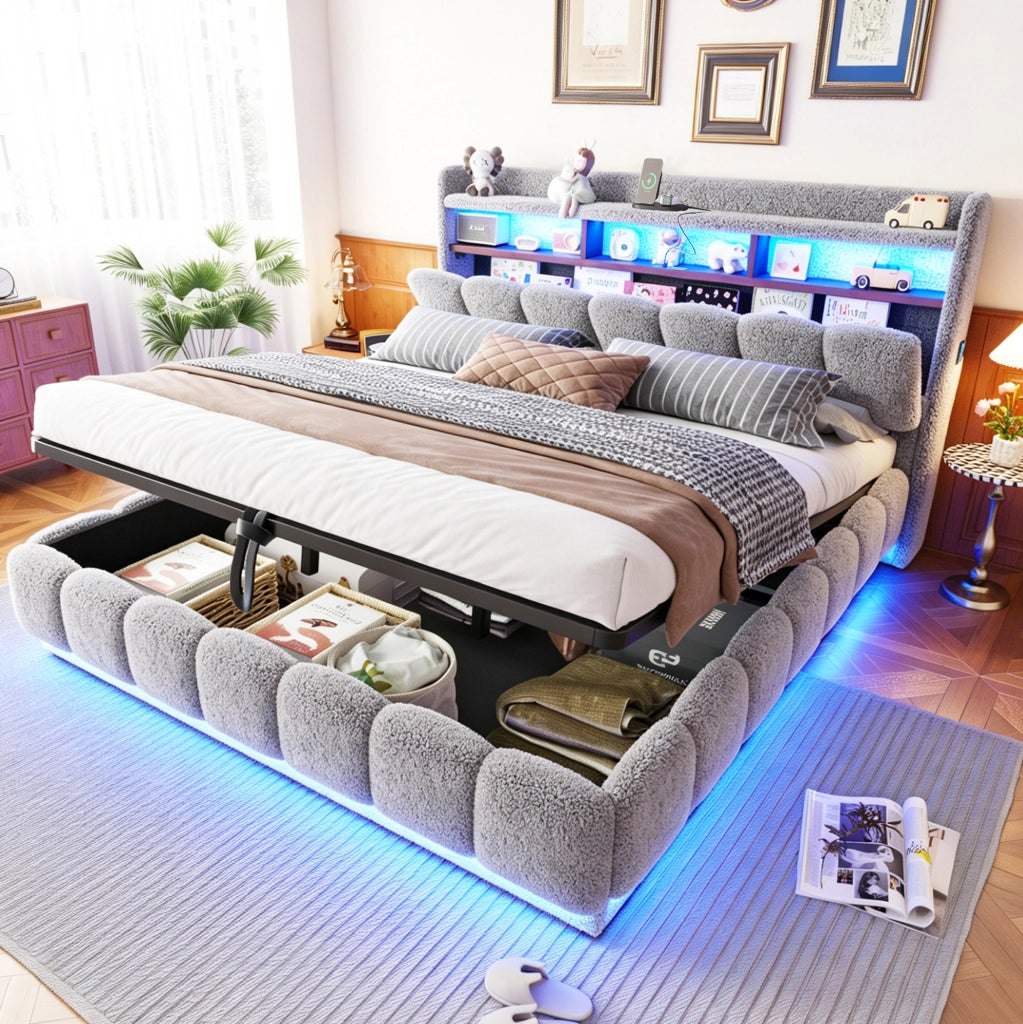 Letto matrimoniale 180x200 cm con contenitore idraulico; LED e USB; grigio