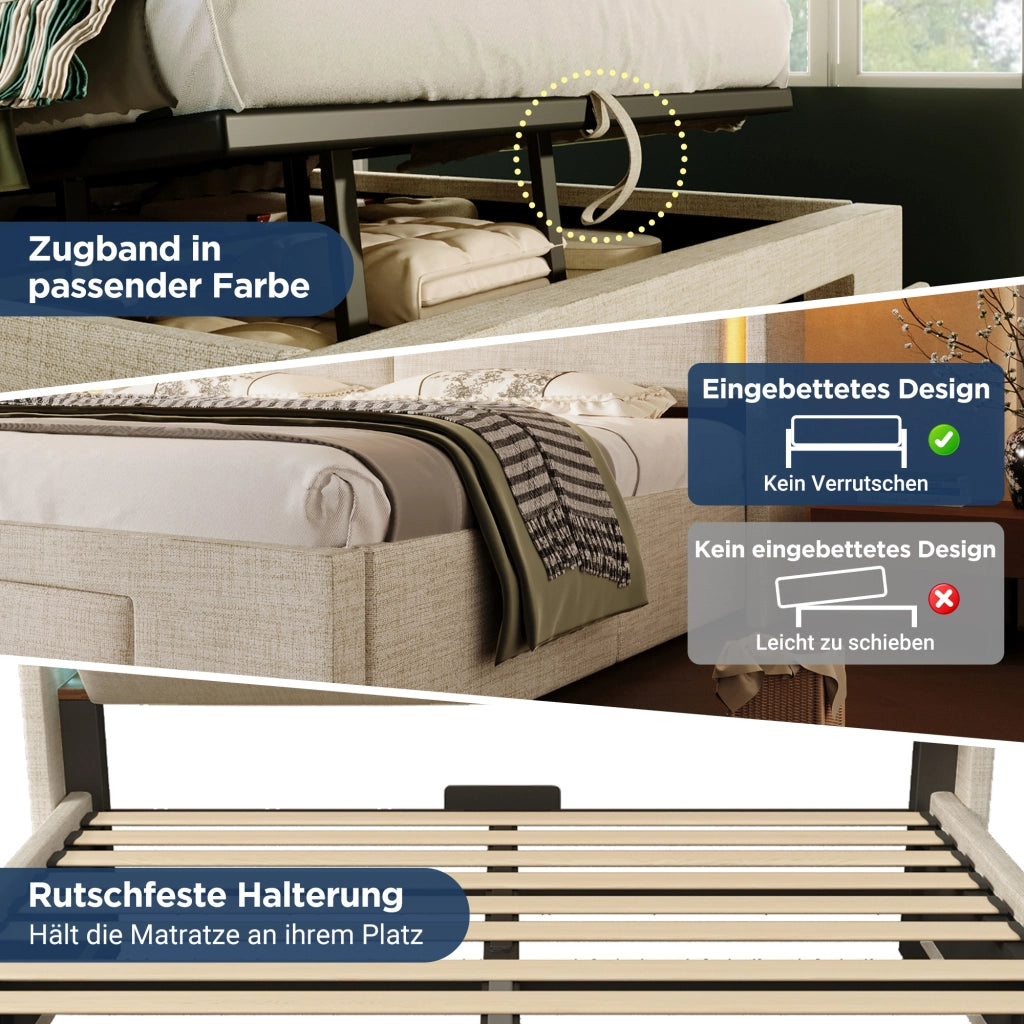 Letto imbottito in lino beige 140x200 vano idraulico LED USB doghe con materasso