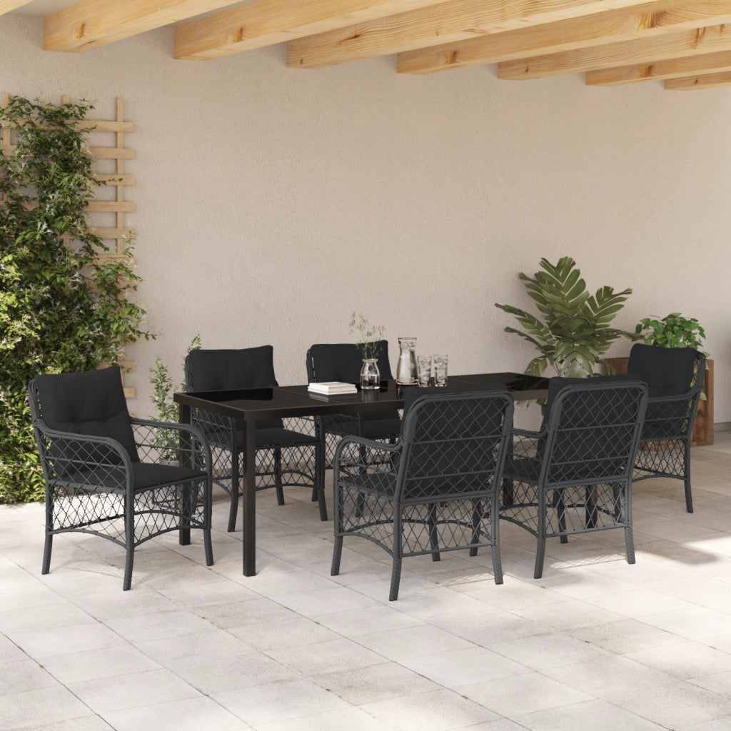 Set da Pranzo da Giardino 7 Pezzi con Cuscini in Polyrattan Nero