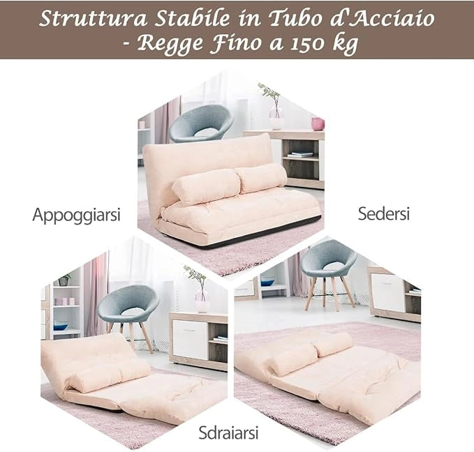 Divano da Terra, Divano Letto Multifunzionale Regolabile in 6 Posizioni con 2 Cuscini, con Fodera in Camoscio per Camera da Letto Salone Balcone (Beige)