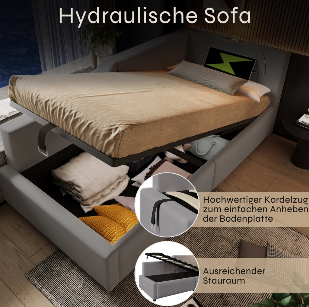 Letto contenitore imbottito 90x190 cm in velluto grigio con USB-C e lampada da lettura