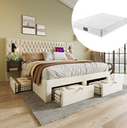 Letto matrimoniale 160×200 in velluto beige con comodini, cassetti e materasso