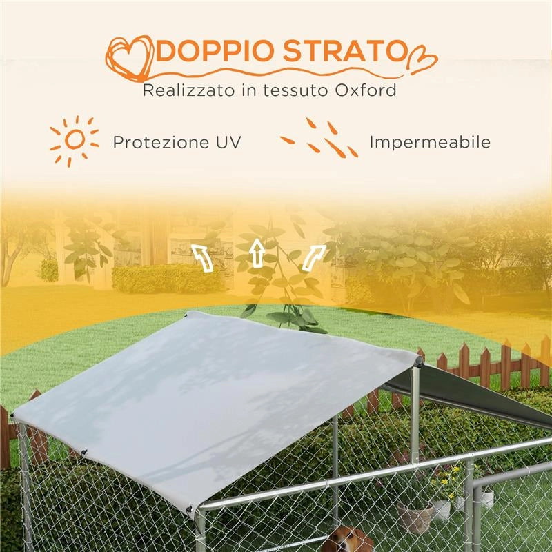 RECINTO PER CANI TAGLIA MEDIA DA ESTERNO CON TETTO IMPERMEABILE, 200X200X150CM, ARGENTO