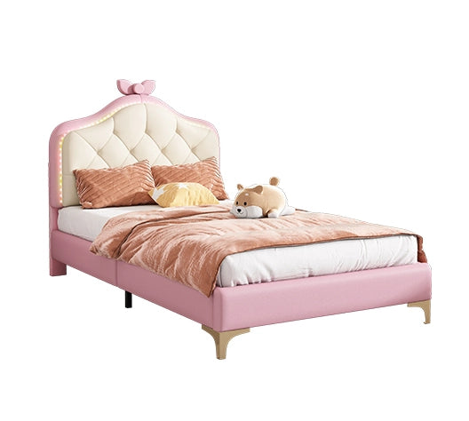 Letto imbottito 90x200 cm con LED e fiocco in PU bianco e rosa
