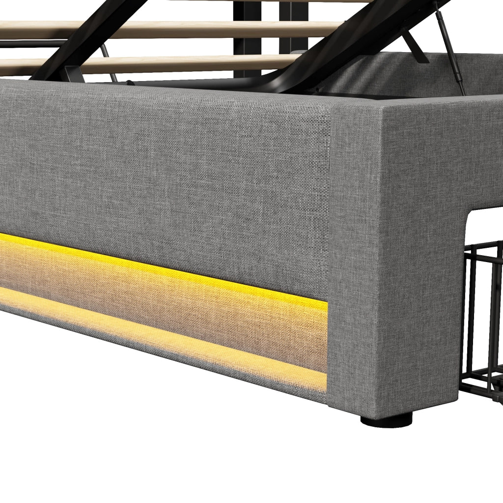 Letto imbottito 140x200 cm con contenitore, USB, LED e testiera con vani