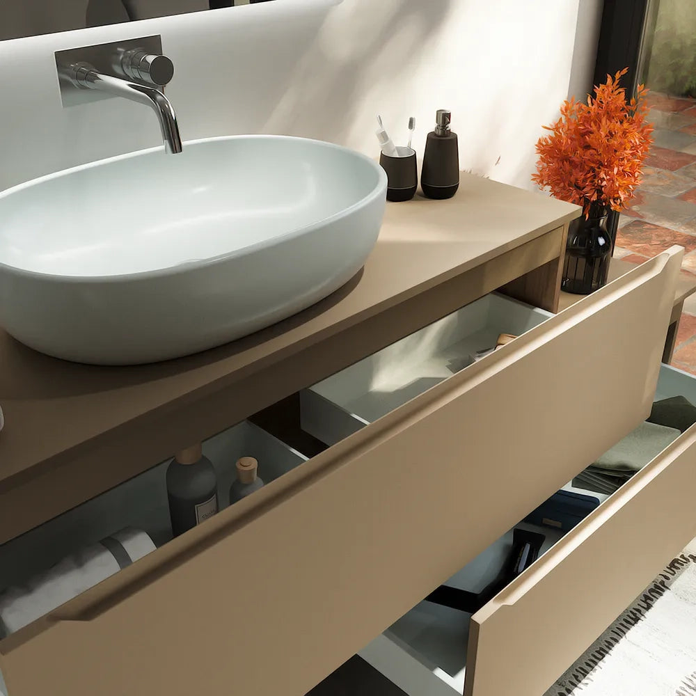 Mobile bagno sospeso modulare 90 cm sabbia opaco due cassetti con top | Bako
