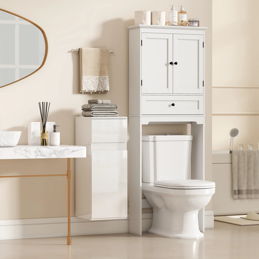 Mobiletto Pensile da Bagno Sospeso 30x34x79,4 cm con Cassetto Anta Lucida e Ripiano in Vetro in MDF Bianco