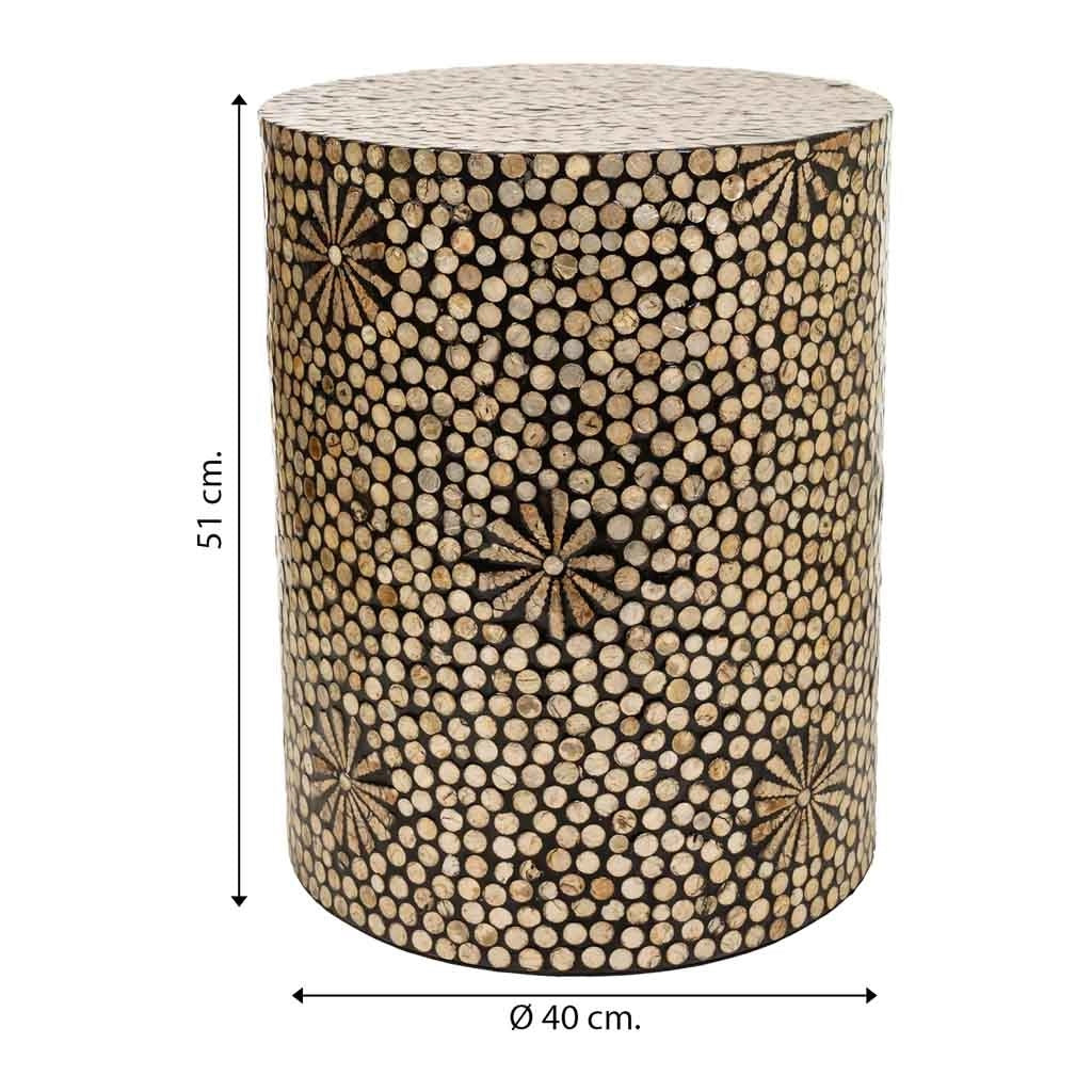 Sgabello rotondo in legno rifinito in capiz marrone 40x40x51h