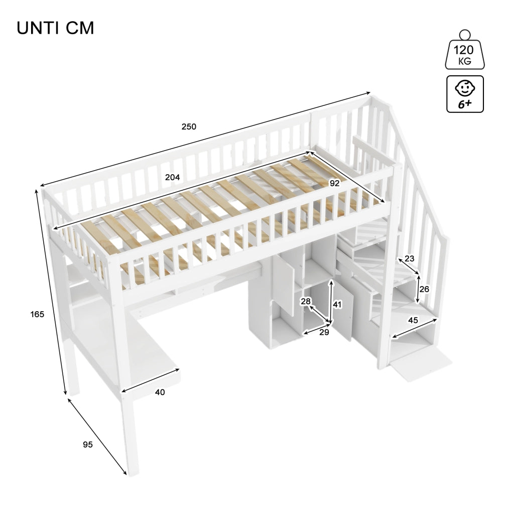 OKWISH Letto a Soppalco 90×200 cm, Letto Singolo con LED, Scala Contenitore, Mensole e Scrivania, senza Materasso, Bianco