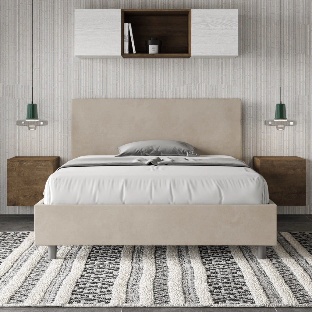 BS COM Letto una piazza e mezza con rete imbottito 130x210 microfibra sabbia