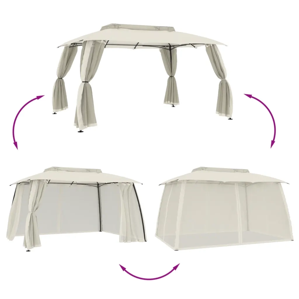 Gazebo con Tetto Doppio e Pareti Rete Crema 3,93x2,93 m Acciaio