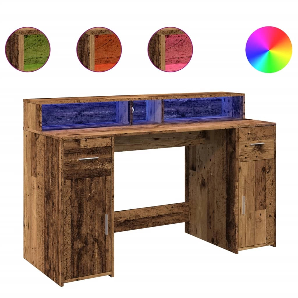 Scrivania tavolo postazione di lavoro mobile per computer studio con luci a LED legno vecchio legno ingegnerizzato marrone 02_0023435