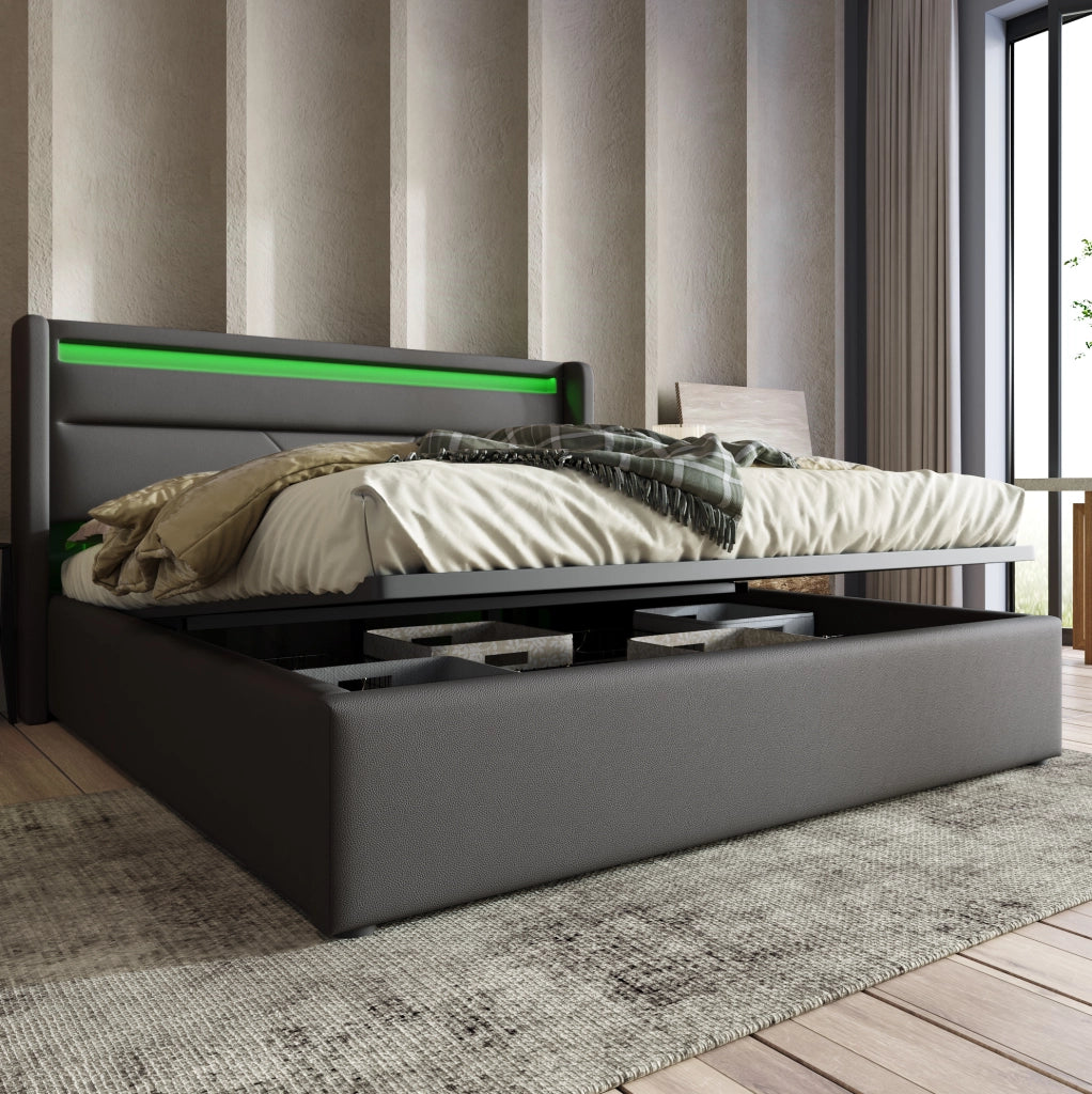Letto imbottito con contenitore e illuminazione LED, 140x200 cm, grigio