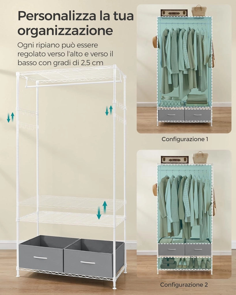 Armadio, Guardaroba in Metallo con Ripiani a Rete, 2 Cassetti in Tessuto, Barra Appendiabiti e Ganci, Stand Appendiabiti, Bianco Nuvola e Grigio Tortora LGR411W01