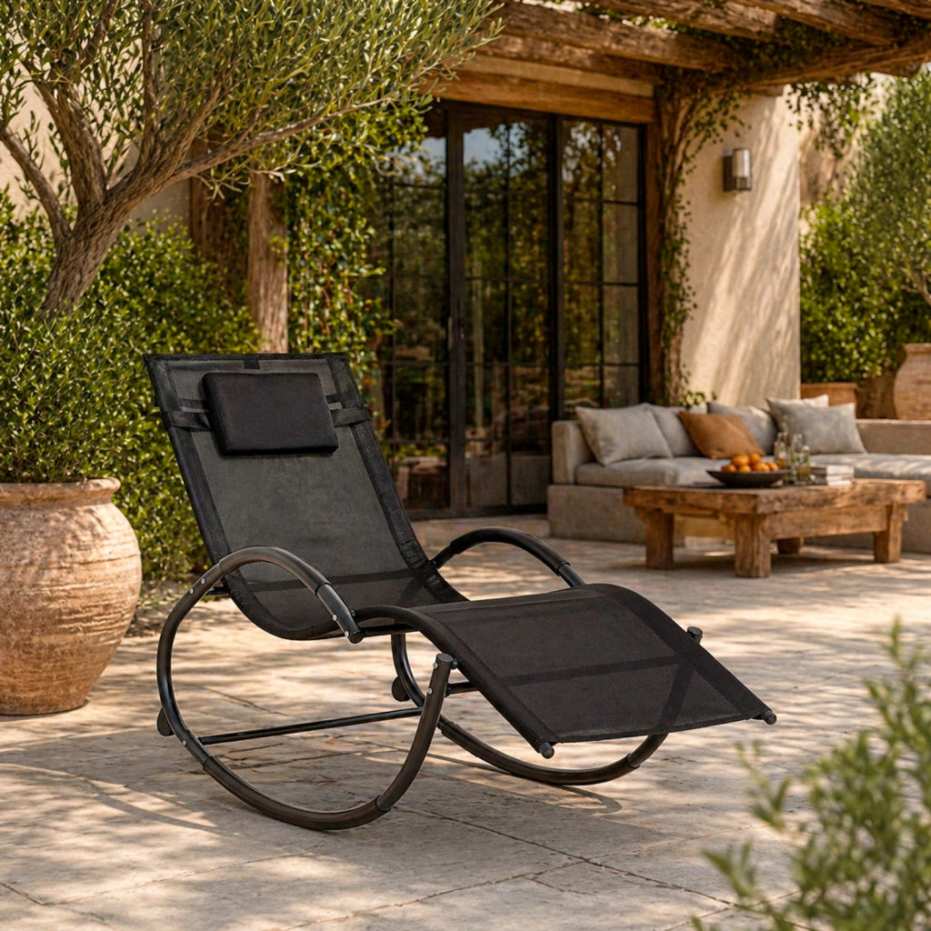 Sedia Basculante Da Giardino Ergonomica Con Poggiatesta Removibile In Textilene Traspirante Lettino Relax A Dondolo Per Piscina Terrazza Balcone Outdoor 155 x 61 x 88 Cm Nero
