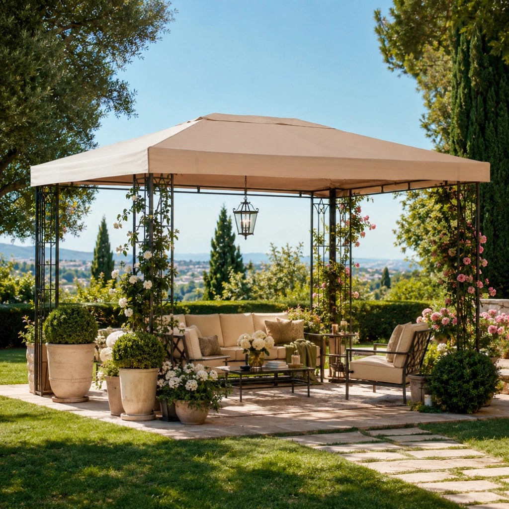 Telo Gazebo 3x4 Metri Ricambio Impermeabile In Poliestere PVC Con Velcro Rinforzato Protezione UV Per Giardino Terrazza Veranda Outdoor 300 X 400 Cm Beige