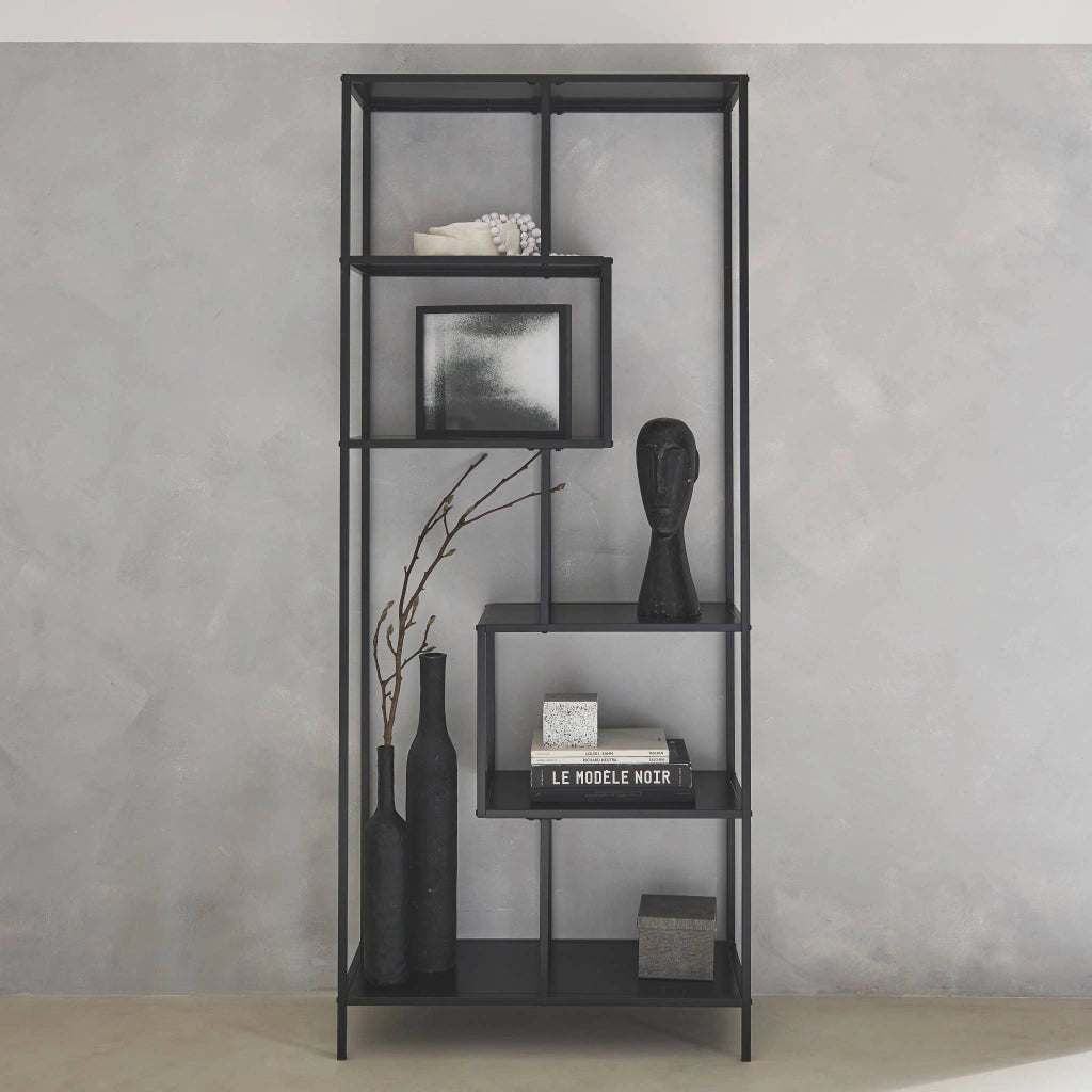 Libreria asimmetrica in metallo nero a 6 livelli, nero