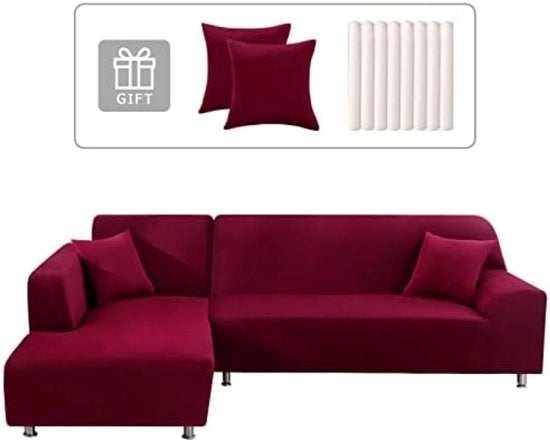 Banco elastico con isola centrale, sin/destra, progetto universale con 2 cuscini, copertura L per chaise longue (2 posti + 2 posti, vino rosso)