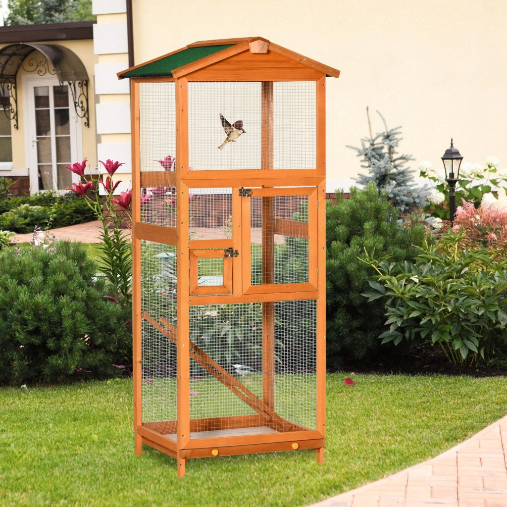 Gabbia per Uccelli Alta 165cm in Legno da Esterno con 2 Porte e Vassoio Estraibile, Arancione