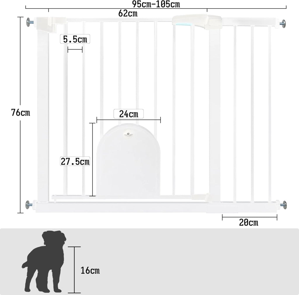 Cancelletto di Sicurezza per Bambini Cancello per Scale Senza Foratura Barriera di Protezione con Chiusura Automatica Cancelletti di Sicurezza con Porta per Cani e Gatti, 95-105 cm Bianco