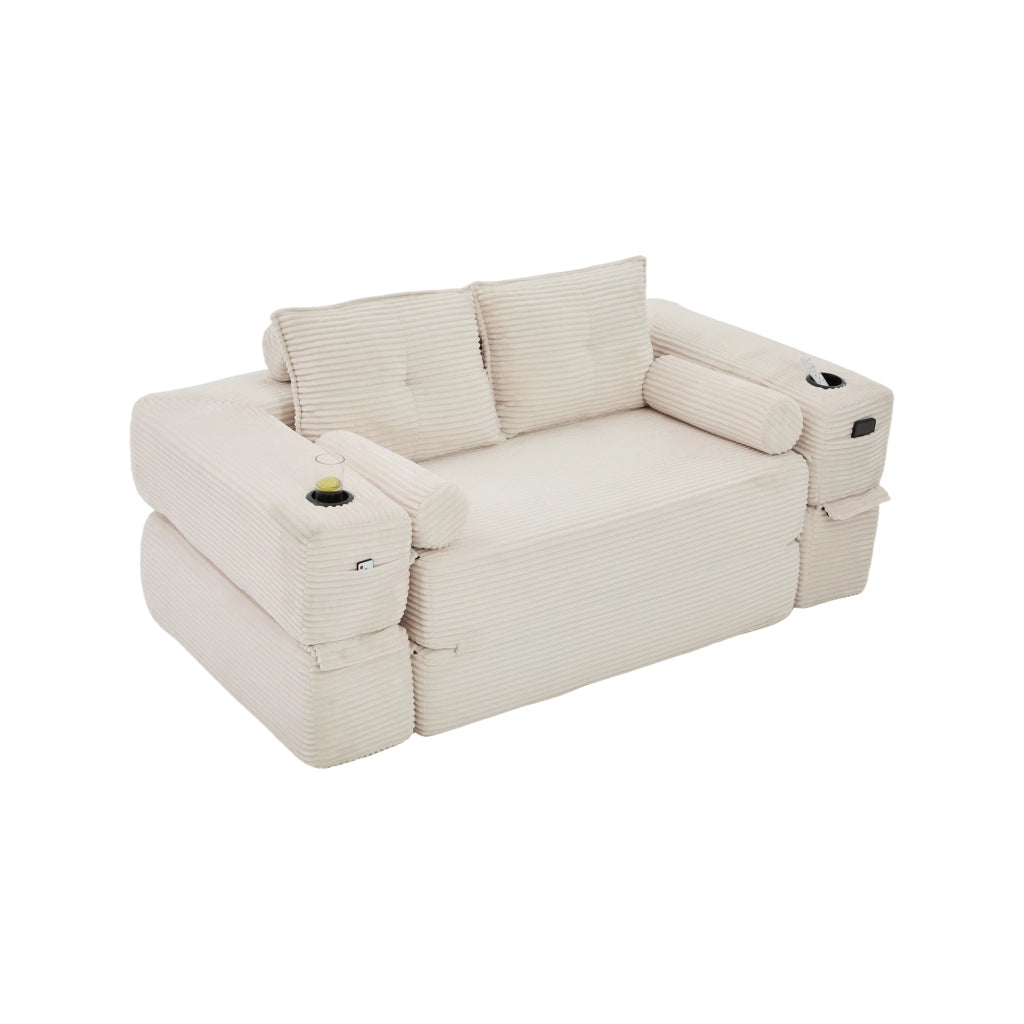 Divano letto 2 posti modulare con cuscini viscoelastici, tasche laterali e portabicchieri in velluto a coste beige