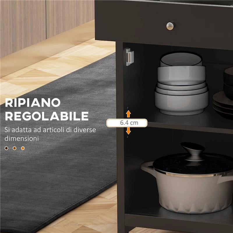 CARRELLO CUCINA CON CASSETTO ARMADIETTO REGOLABILE E PORTASCIUGAMANI IN LEGNO 67X48X86.5 CM NERO E ROVERE