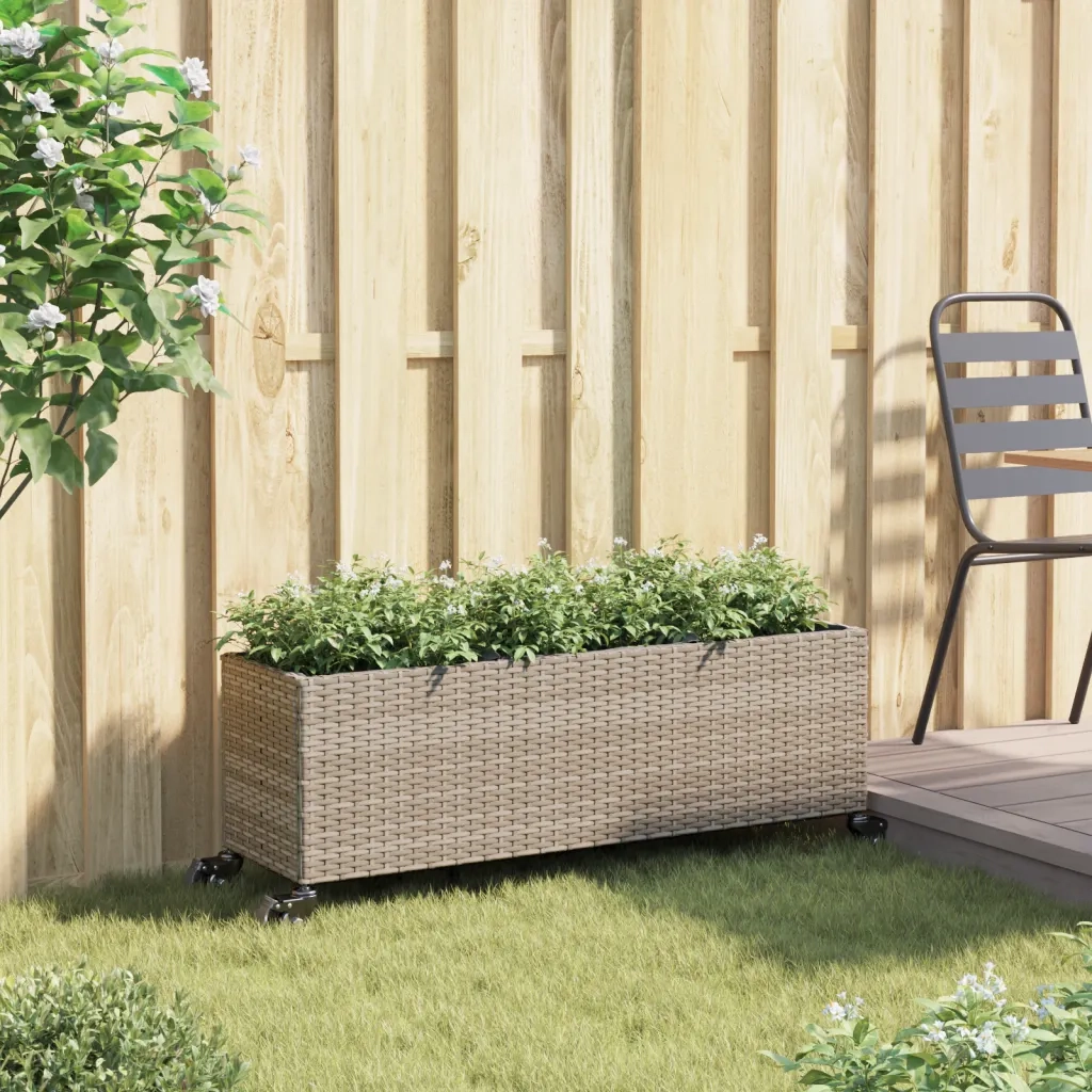 Fioriera con Ruote e 3 Vasi Grigia 107x32x38 cm in Polyrattan 366421