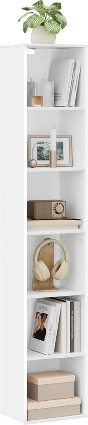 Libreria Verticale a 6 Cubi, Scaffale Alto e Stretto a Colonna, Porta CD e Libri, Mobile Bianco Moderno per Camera, Soggiorno e Ufficio, 30x24x158,5cm SK003ws6