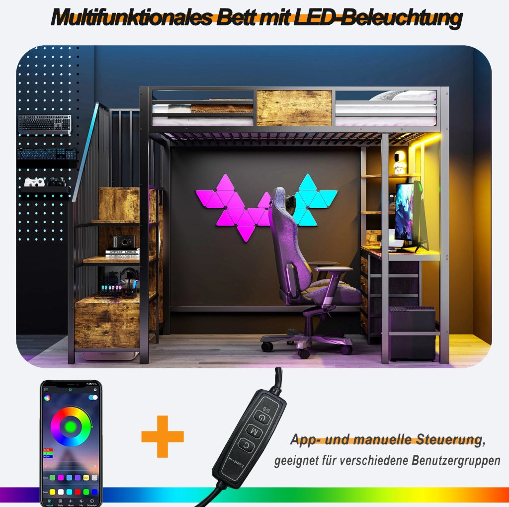 Letto a soppalco 90x200 in metallo con scrivania e LED