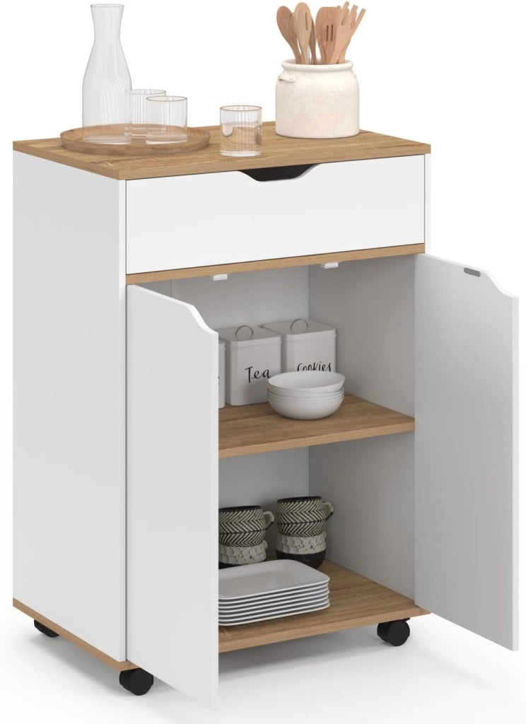 Credenza COSY con cassetto in legno bianco e ripiani in faggio L.60 CM