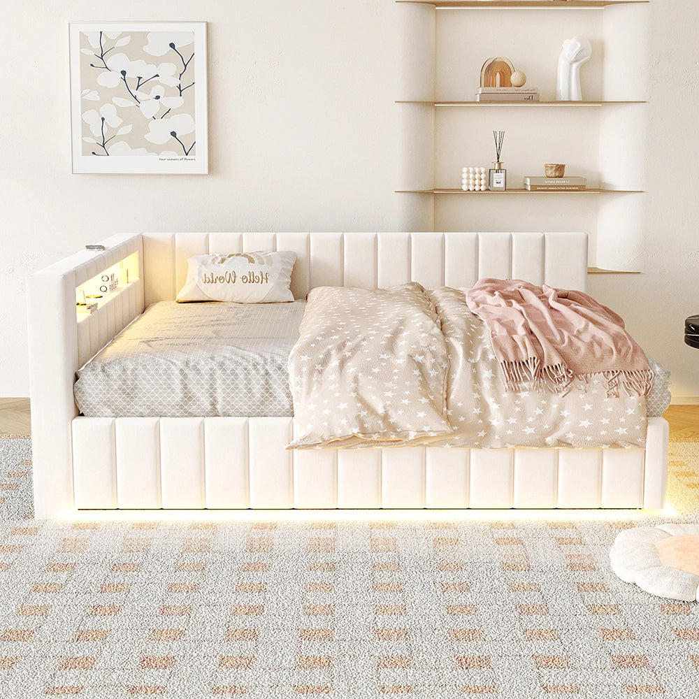 Divano letto imbottito - Xylo - 140x200cm - Velluto beige - LED, sistema idraulico