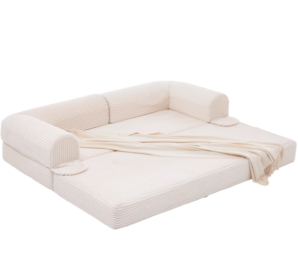 Divano letto 2 posti convertibile con funzione letto e braccioli imbottiti in tessuto a coste beige