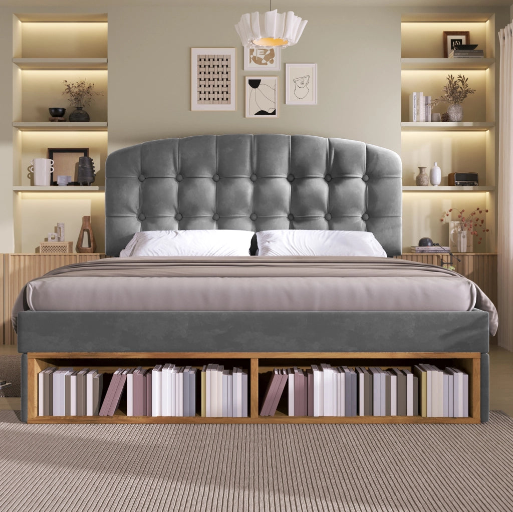 Letto imbottito 140x190 cm con testiera regolabile e cassetti; rete a doghe; velluto grigio