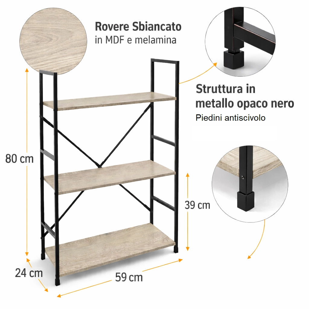 Mobile Scaffale Industrial 3 Ripiani Metallo Nero Legno Mdf Rovere 59x24 H80cm