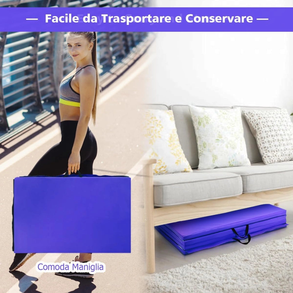 Tappetini da Ginnastica Pieghevoli 300 x 116 x 5 CM con Ganci e Maniglia Comoda Pelle PU, Ideale per Arti Marziali/Ginnastica/Pilates, Viola